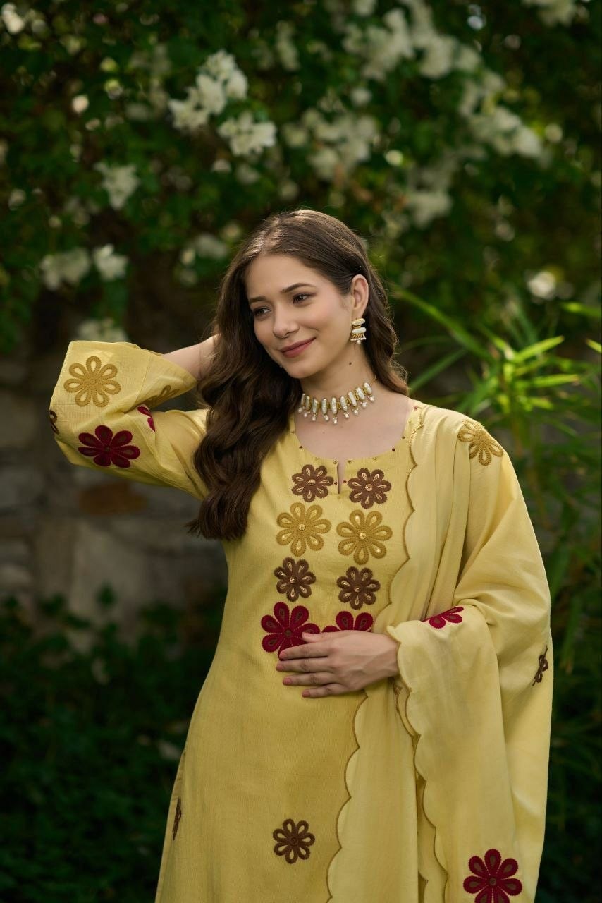 Premium Chanderi Silk Suit Set - Yellow - view 1