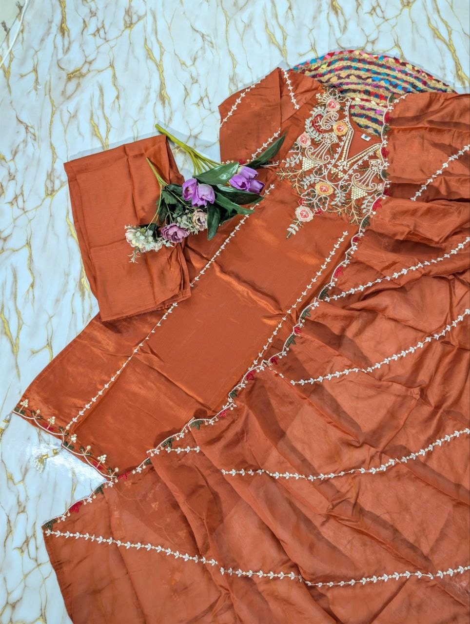 Pure Viscose Chanderi Silk Suit Set - Orange - view 2