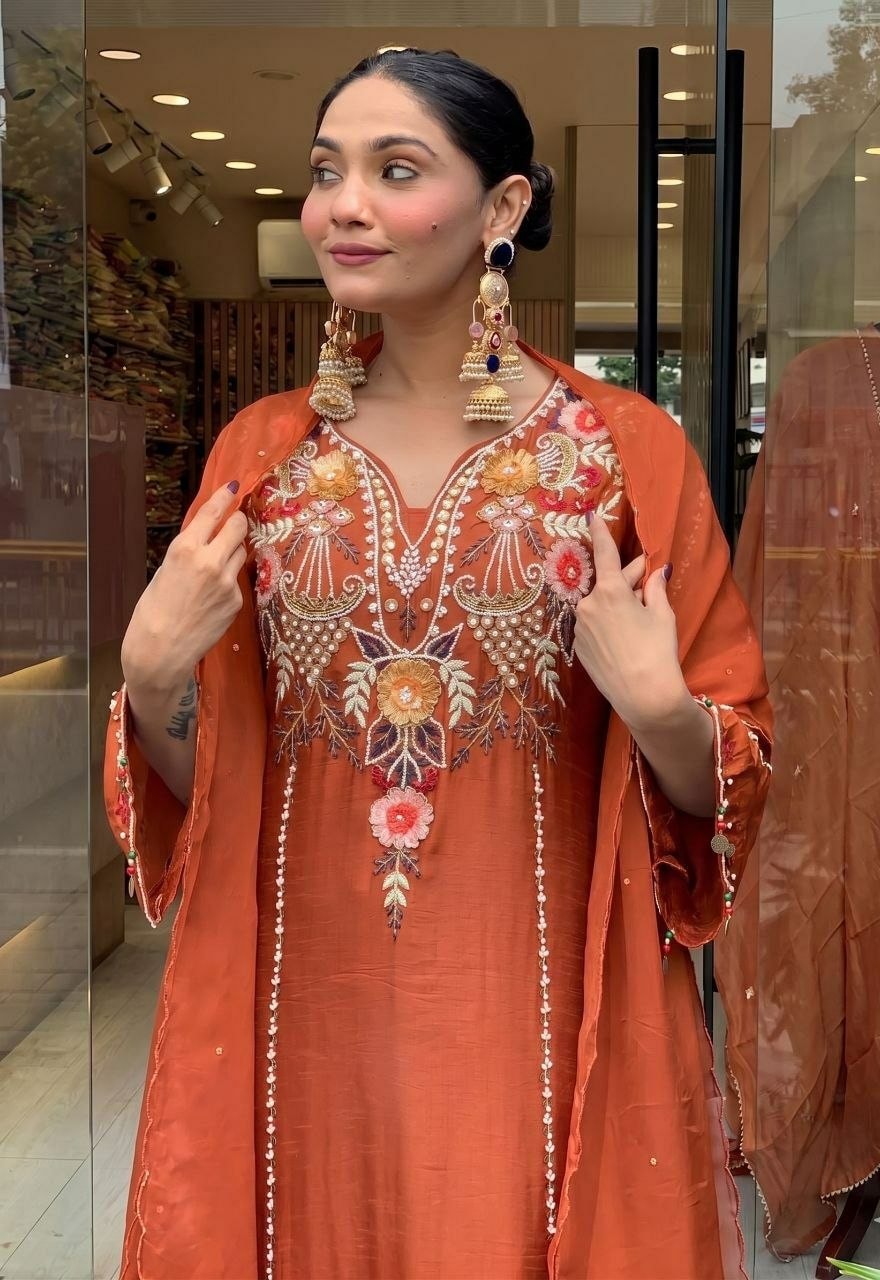 Pure Viscose Chanderi Silk Suit Set - Orange - view 4
