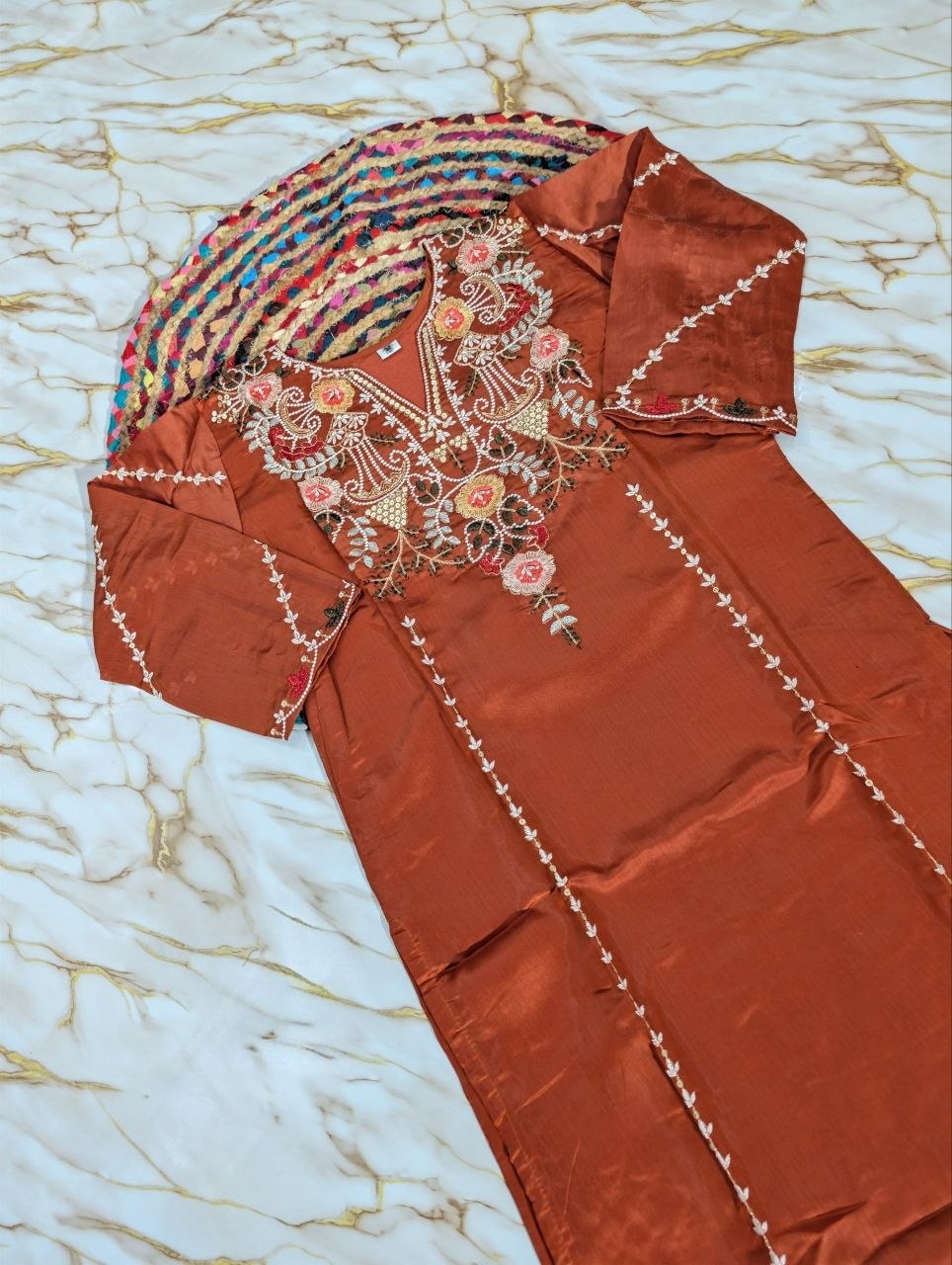 Pure Viscose Chanderi Silk Suit Set - Orange - view 3