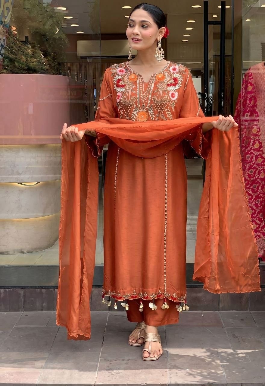 Pure Viscose Chanderi Silk Suit Set - Orange - view 1