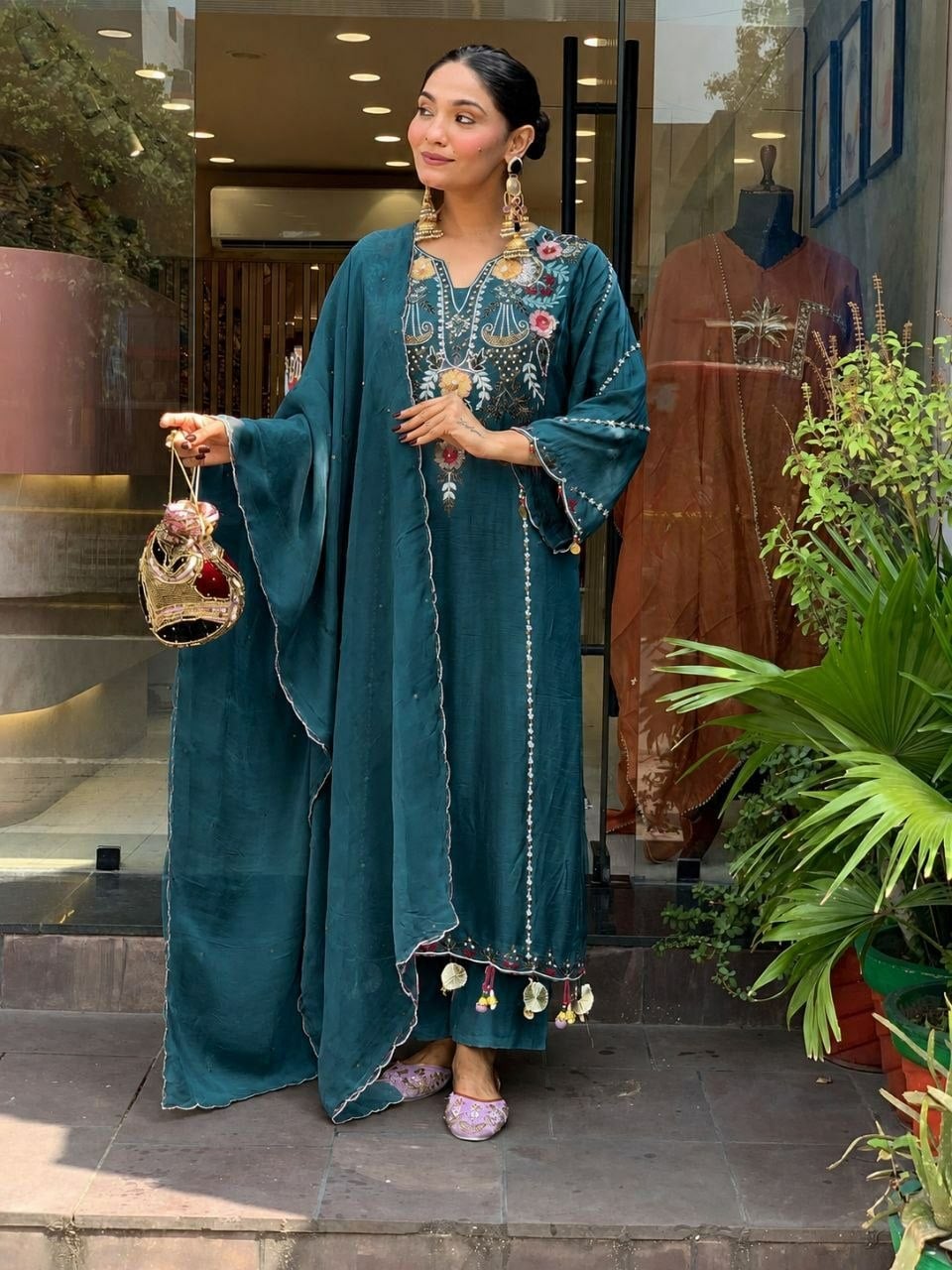 Pure Viscose Chanderi Silk Suit Set - Rama