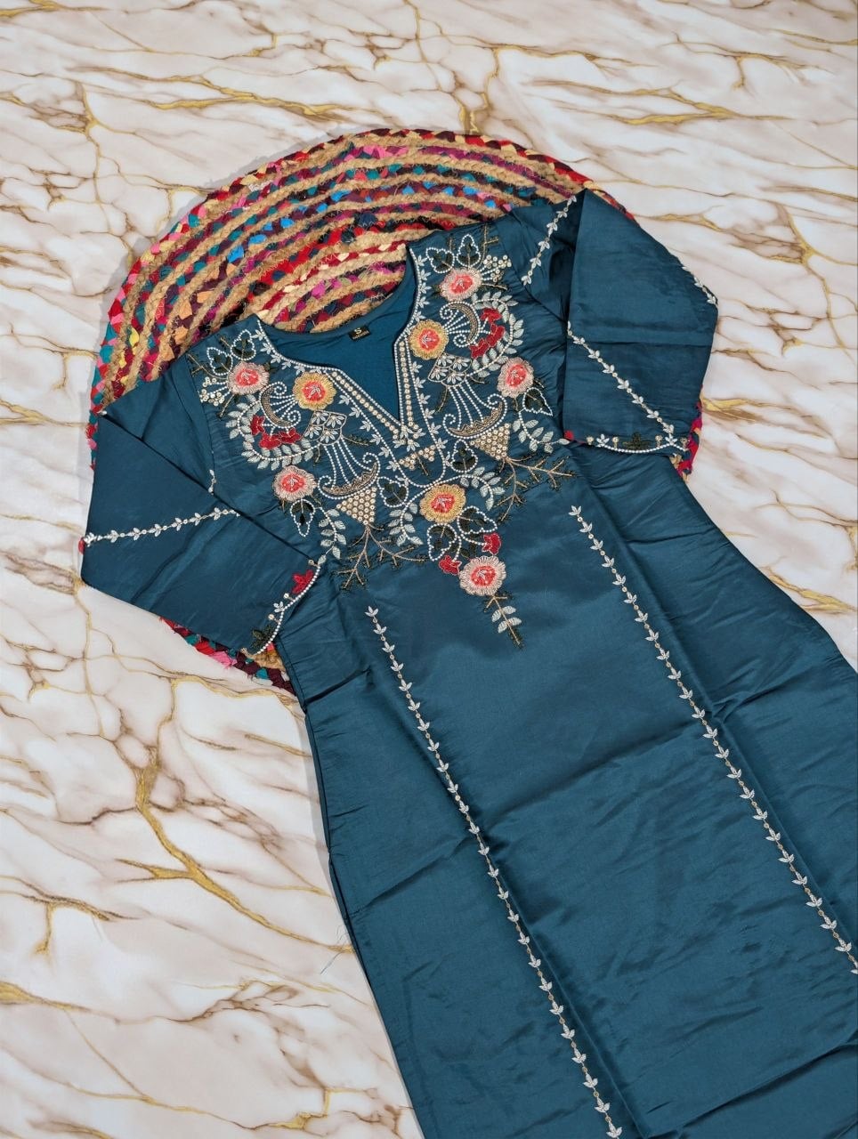 Pure Viscose Chanderi Silk Suit Set - Rama
