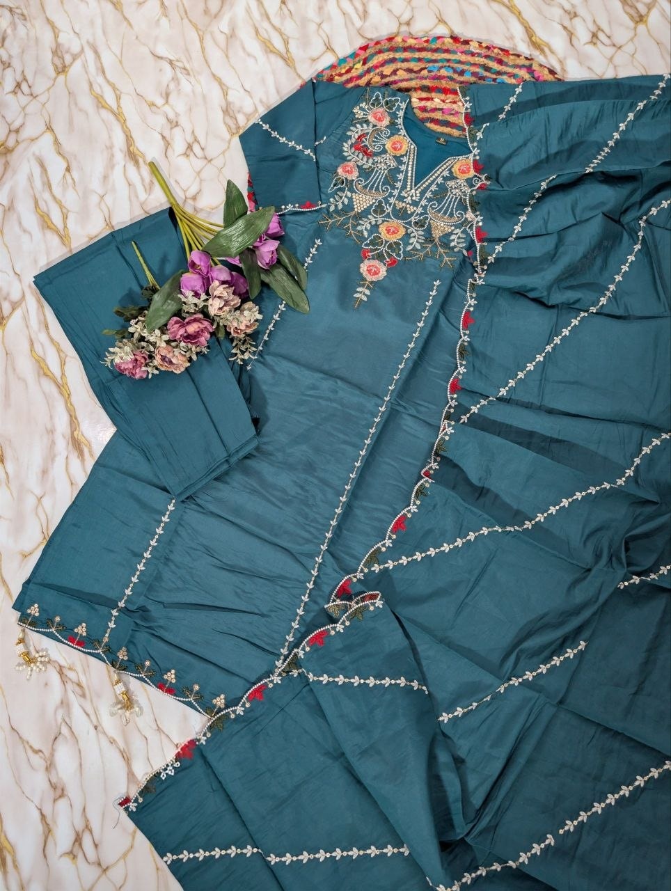 Pure Viscose Chanderi Silk Suit Set - Rama - view 2