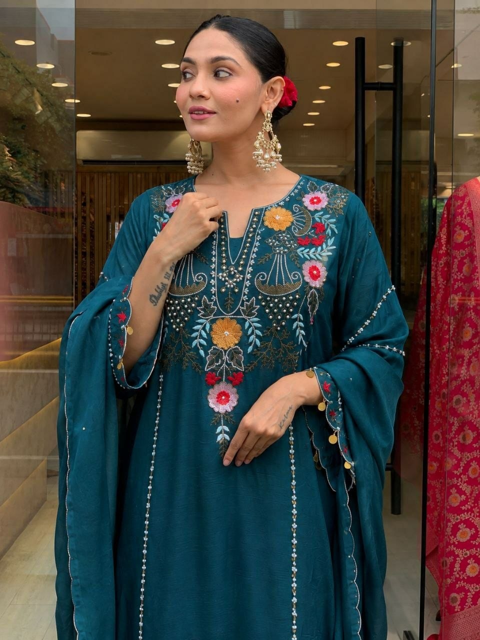 Pure Viscose Chanderi Silk Suit Set - Rama - view 3