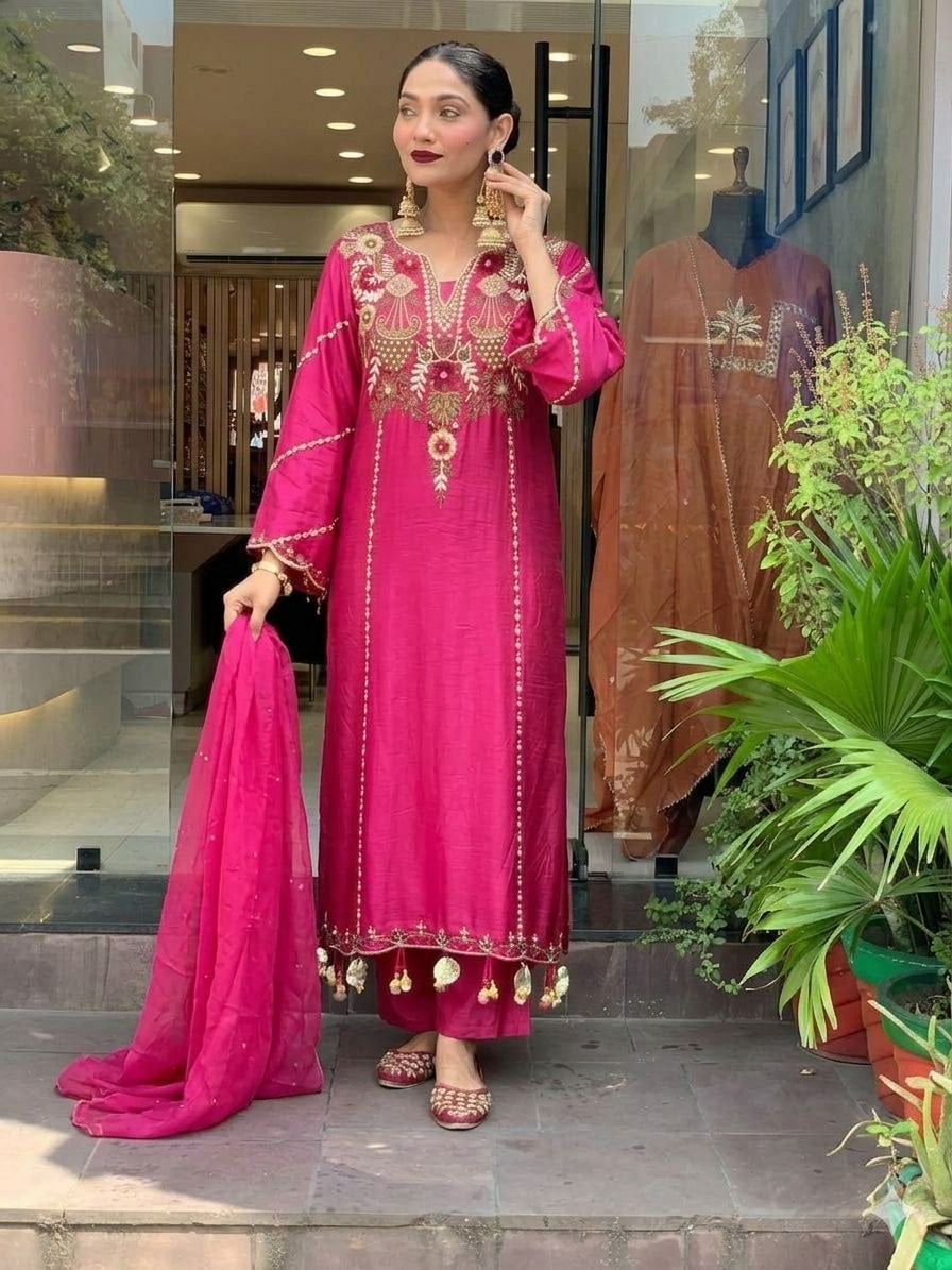 Pure Viscose Chanderi Silk Suit Set - Pink