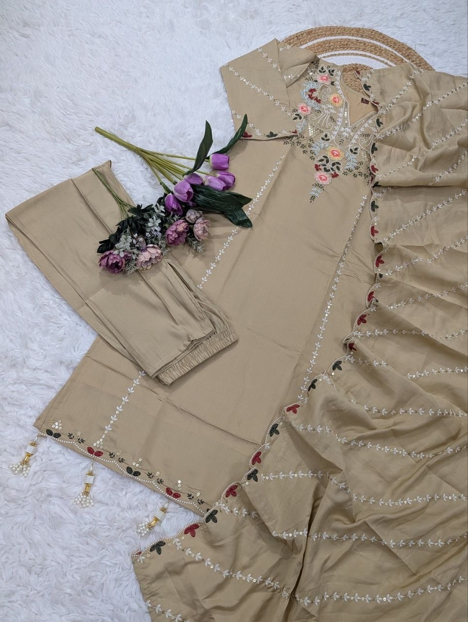 Pure Viscose Chanderi Silk Suit Set - Brown