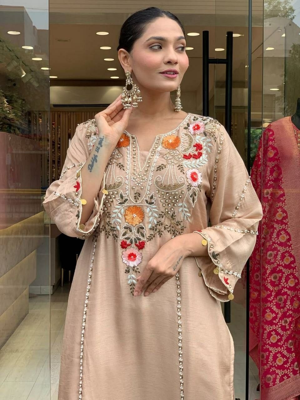 Pure Viscose Chanderi Silk Suit Set - Brown