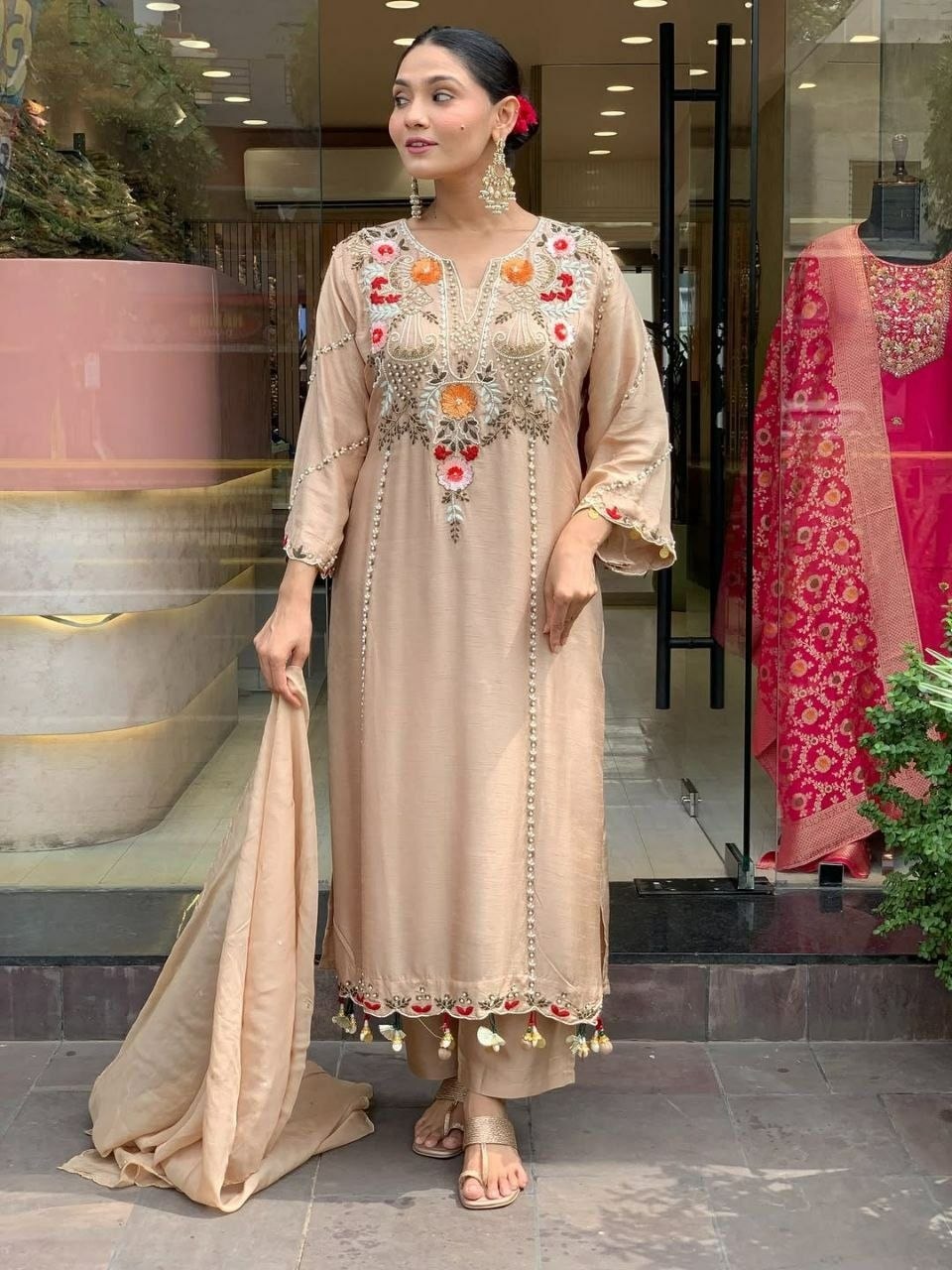 Pure Viscose Chanderi Silk Suit Set - Brown - view 4