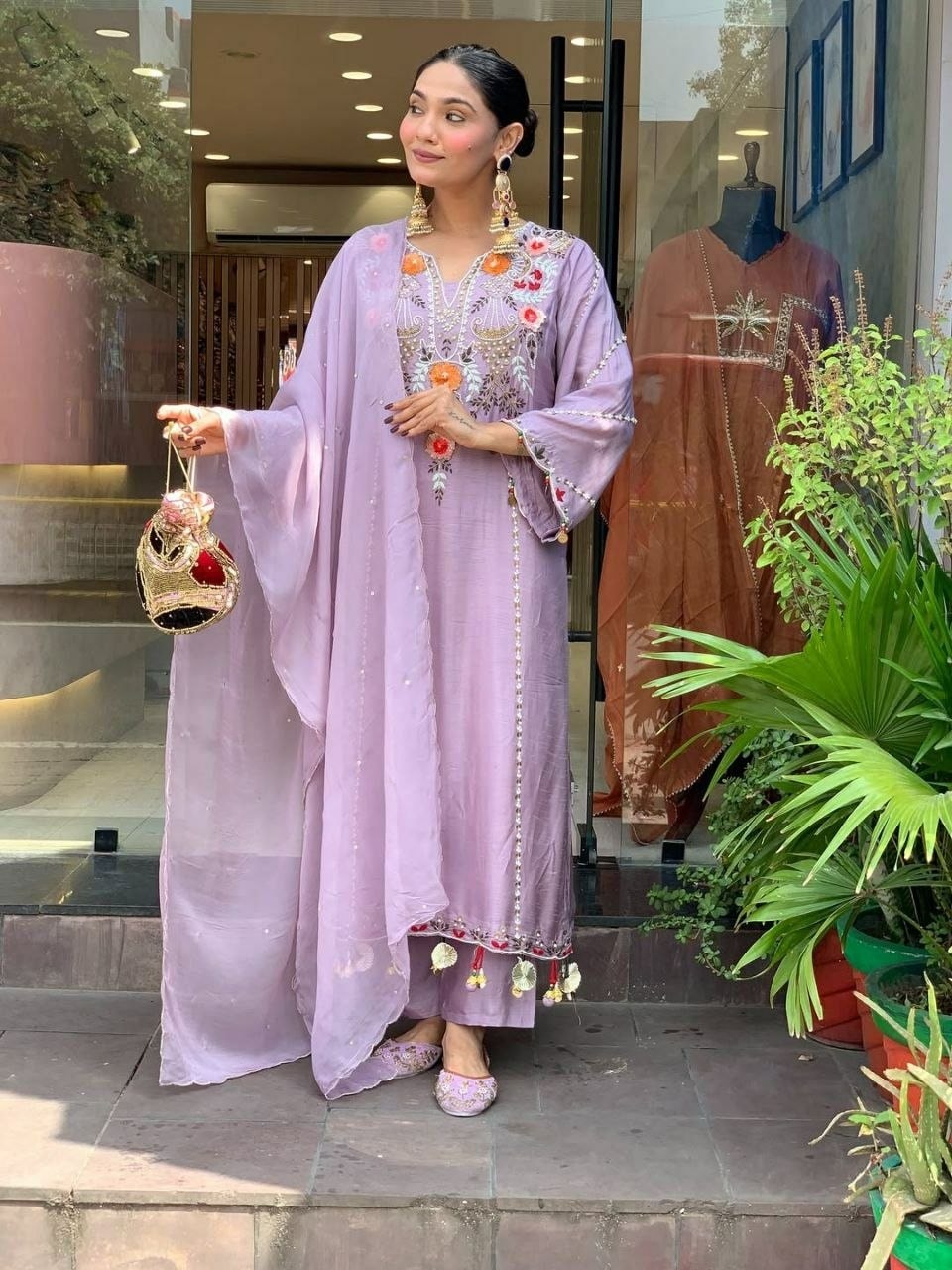 Pure Viscose Chanderi Silk Suit Set - Purple - view 3