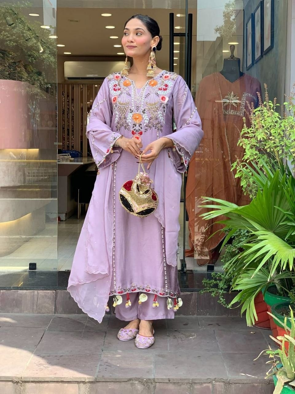 Pure Viscose Chanderi Silk Suit Set - Purple