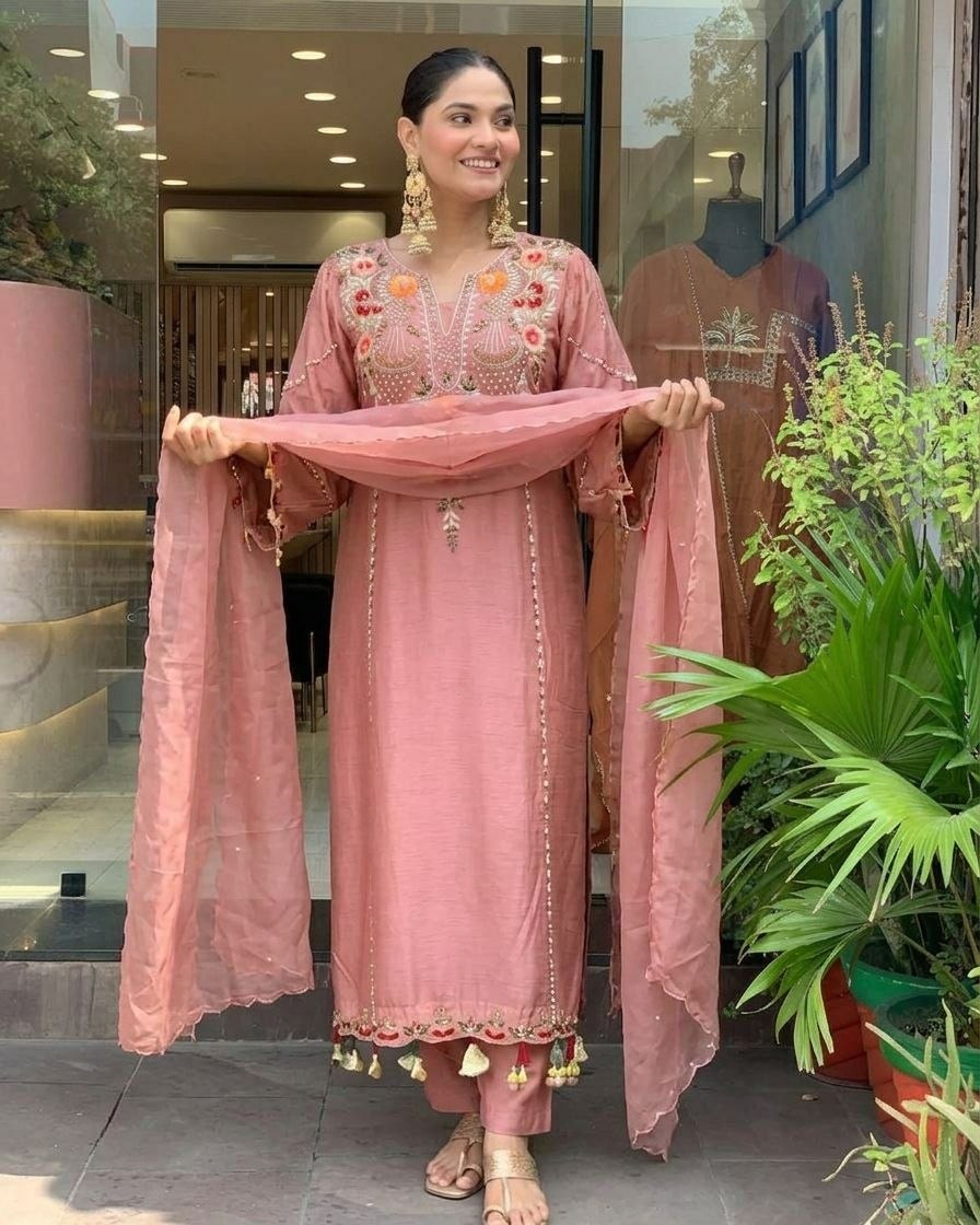 Pure Viscose Chanderi Silk Suit Set - Light Pink - view 2