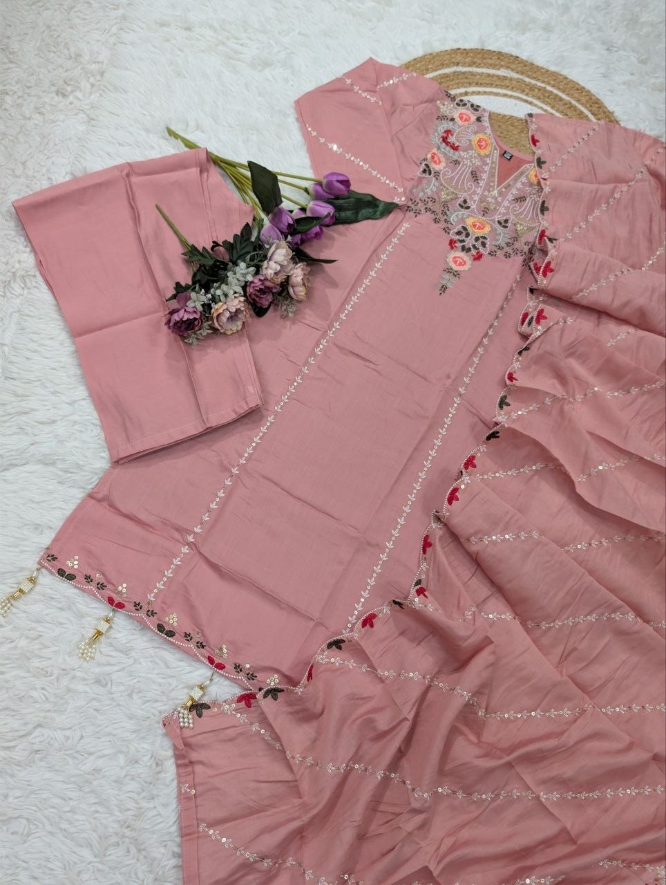 Pure Viscose Chanderi Silk Suit Set - Light Pink - view 3