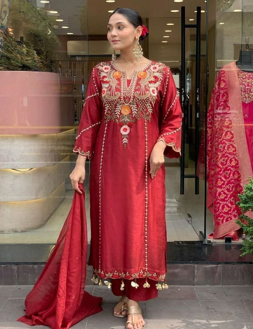 Pure Viscose Chanderi Silk Suit Set - Red - view 1
