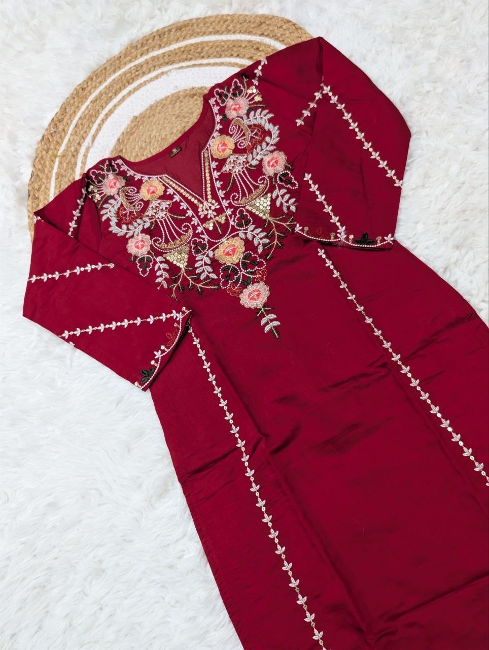 Pure Viscose Chanderi Silk Suit Set - Red - view 4