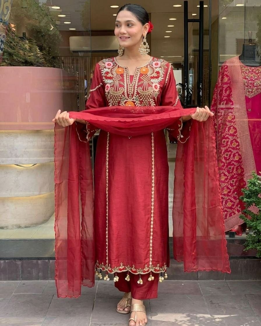 Pure Viscose Chanderi Silk Suit Set - Red - view 3