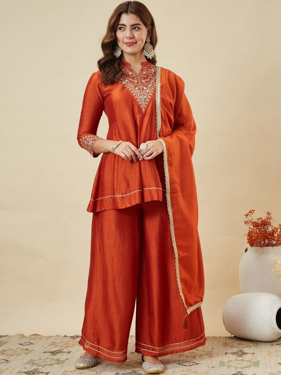 Heavy Vichitra Silk kurta set - Orange - view 1