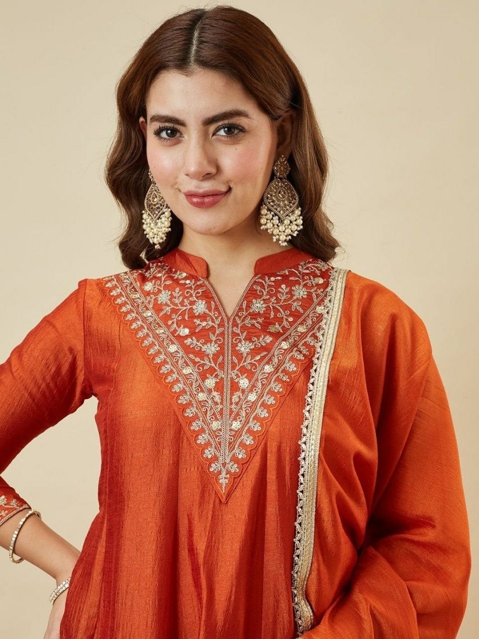 Heavy Vichitra Silk kurta set - Orange