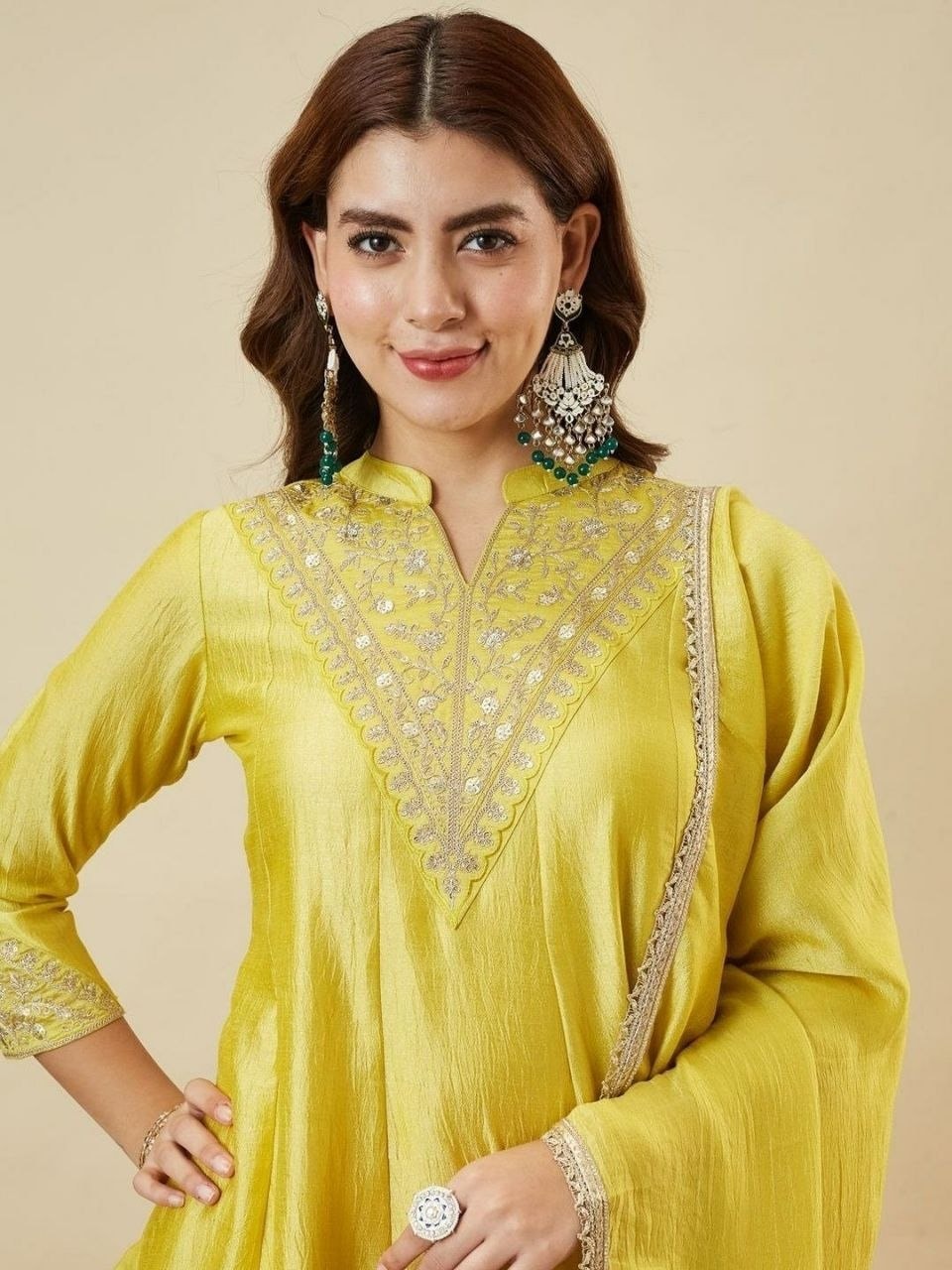 Heavy Vichitra Silk kurta set - Yellow - view 1