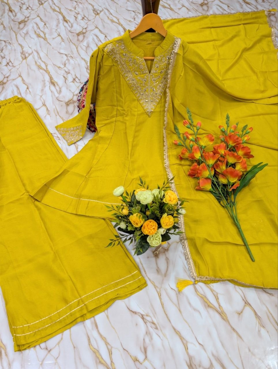 Heavy Vichitra Silk kurta set - Yellow
