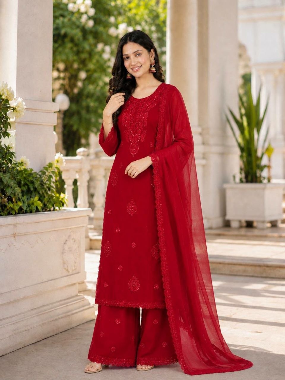 Premium Fox Blooming Georgette Suit set - Red - view 1