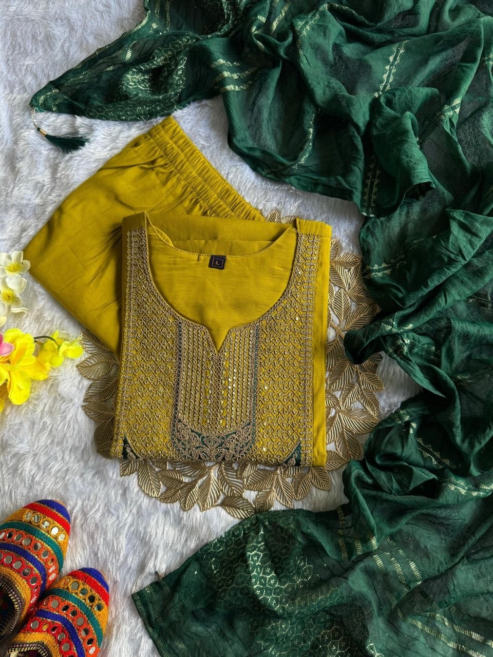 Premium Roman Silk Kurti set - Yellow