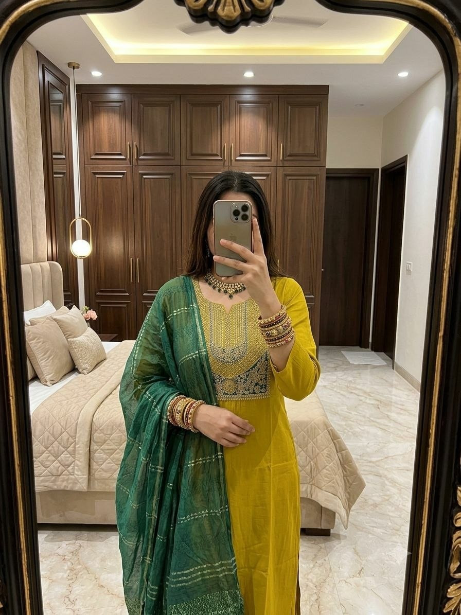 Premium Roman Silk Kurti set - Yellow - view 1