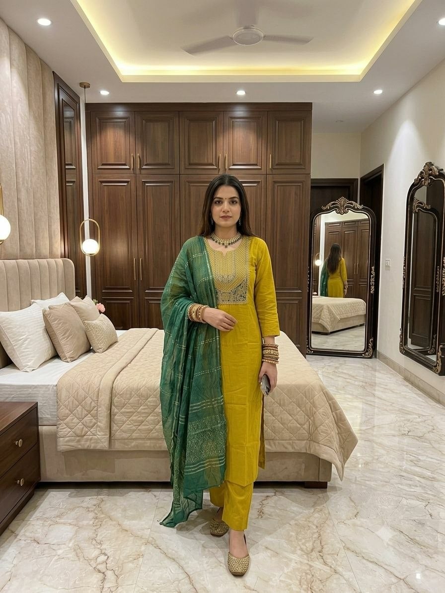 Premium Roman Silk Kurti set - Yellow