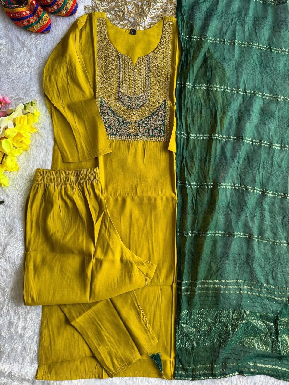 Premium Roman Silk Kurti set - Yellow - view 3