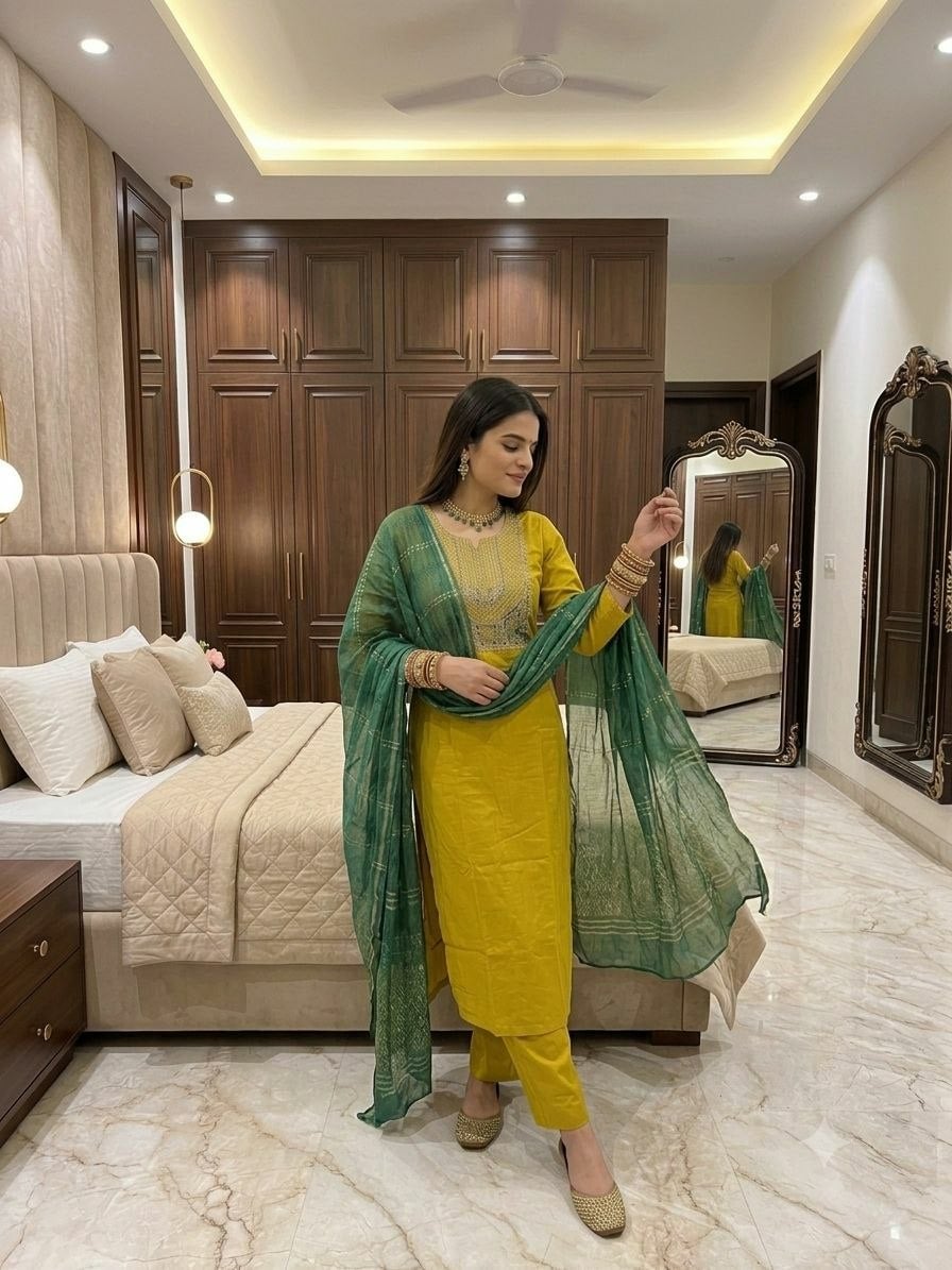 Premium Roman Silk Kurti set - Yellow