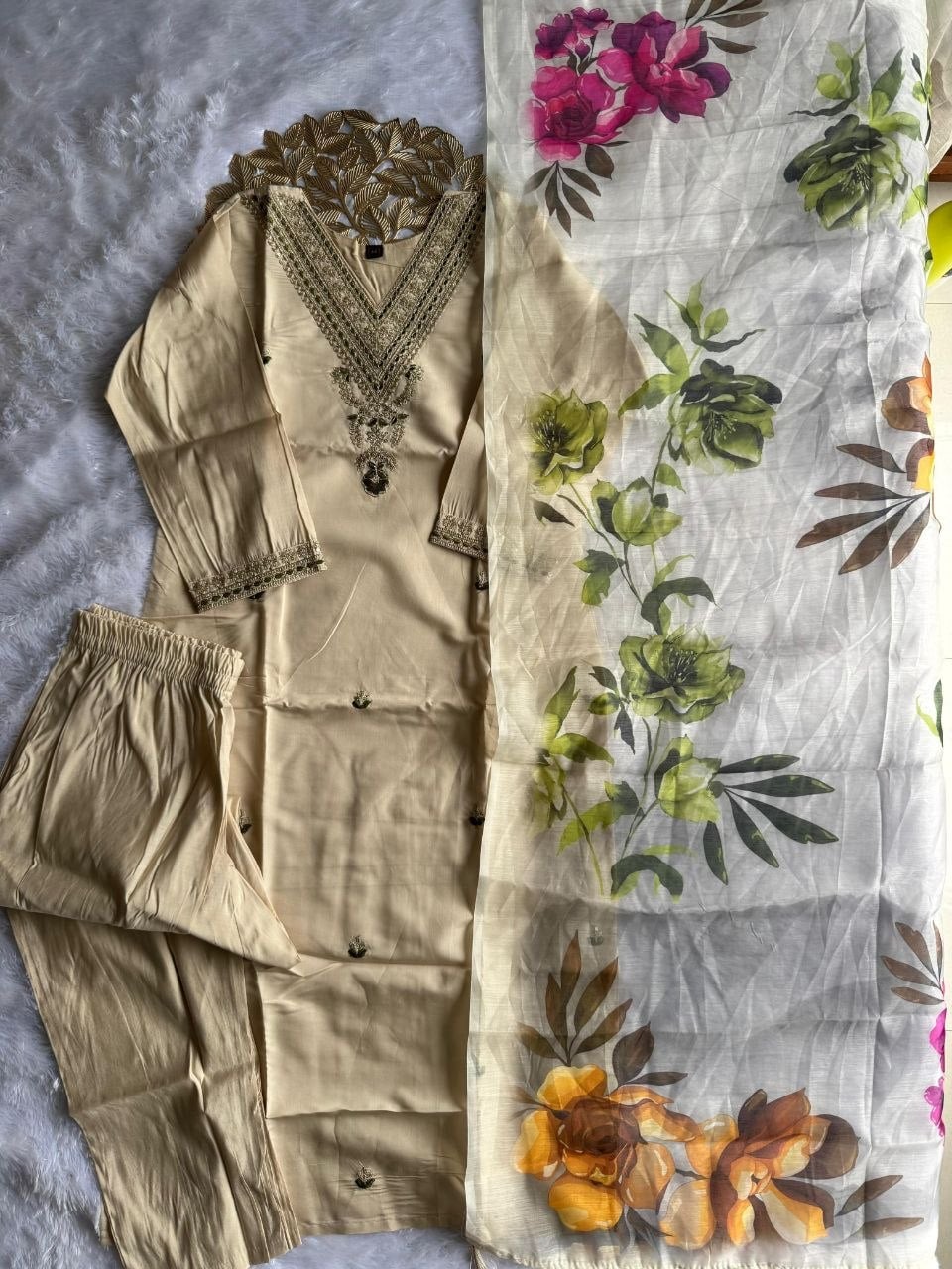 Premium Roman Silk Kurti Set - White
