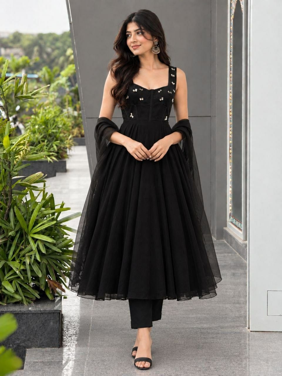 Premium Faux Georgette Anarkali Gown Set - Black