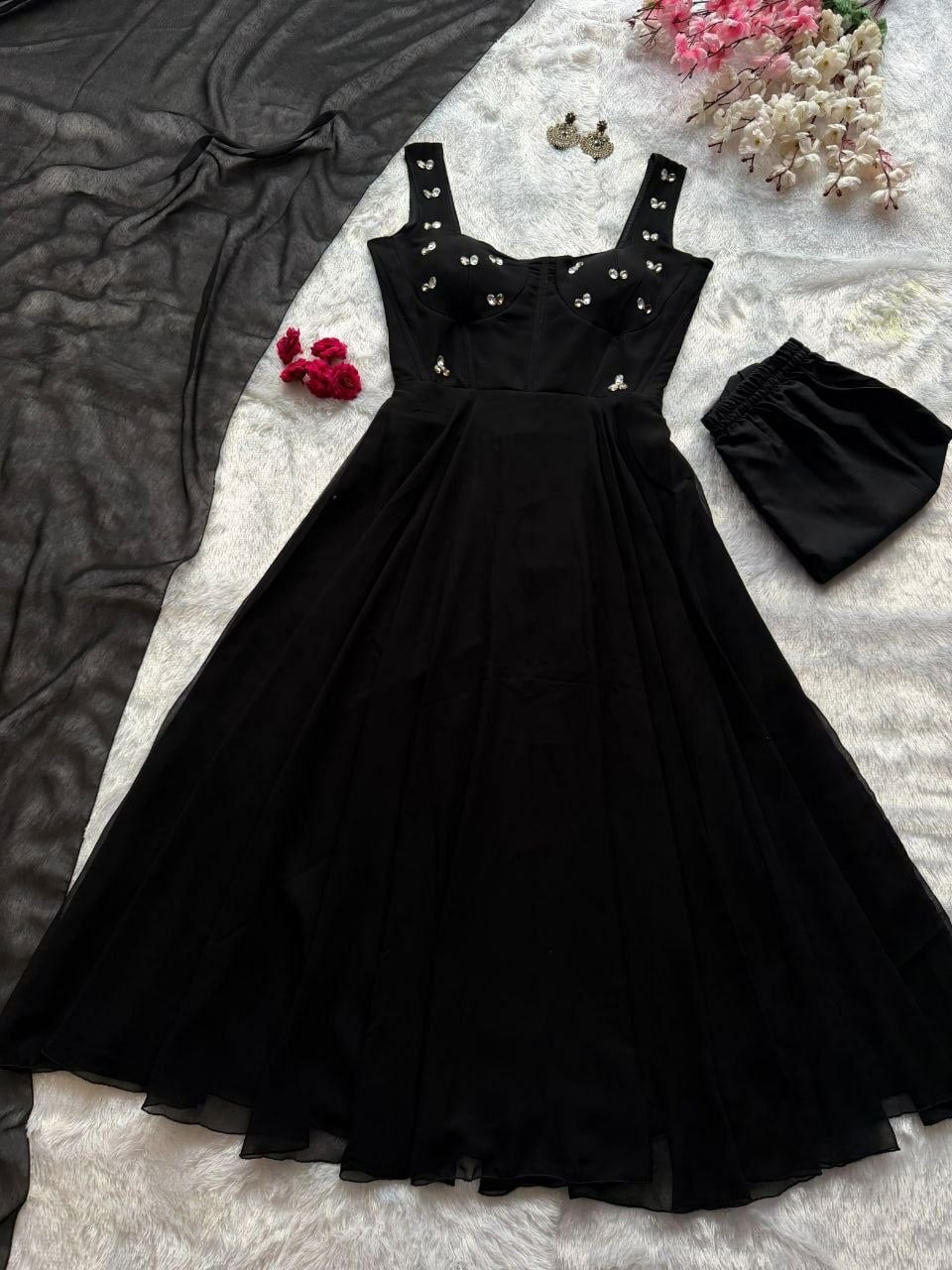 Premium Faux Georgette Anarkali Gown Set - Black