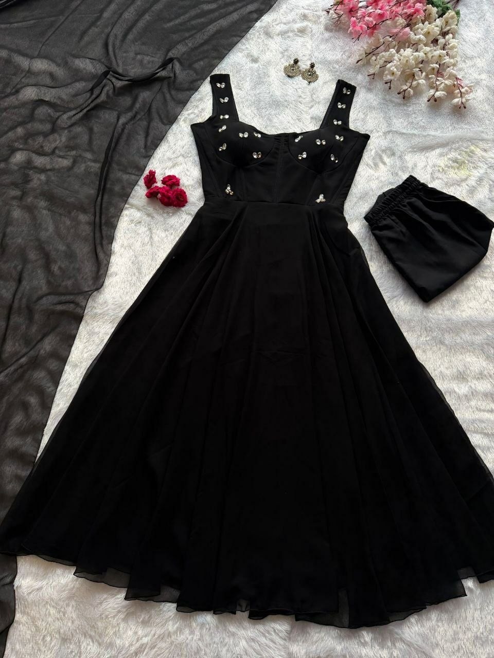 Premium Faux Georgette Anarkali Gown Set - Black - view 3
