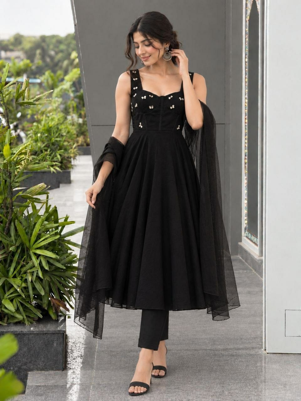 Premium Faux Georgette Anarkali Gown Set - Black - view 1