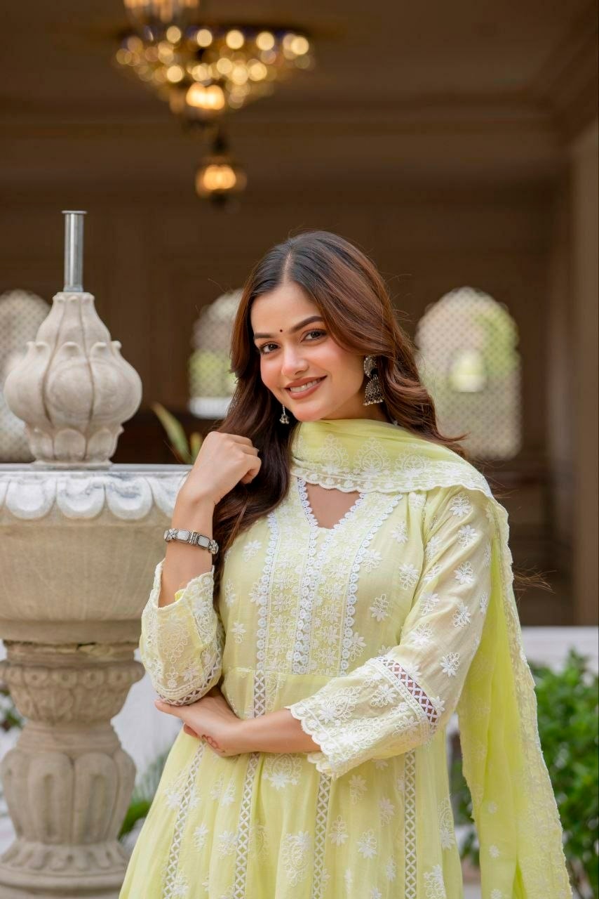 Pure Mal Cotton Anarkali Gown Set - Yellow - view 2