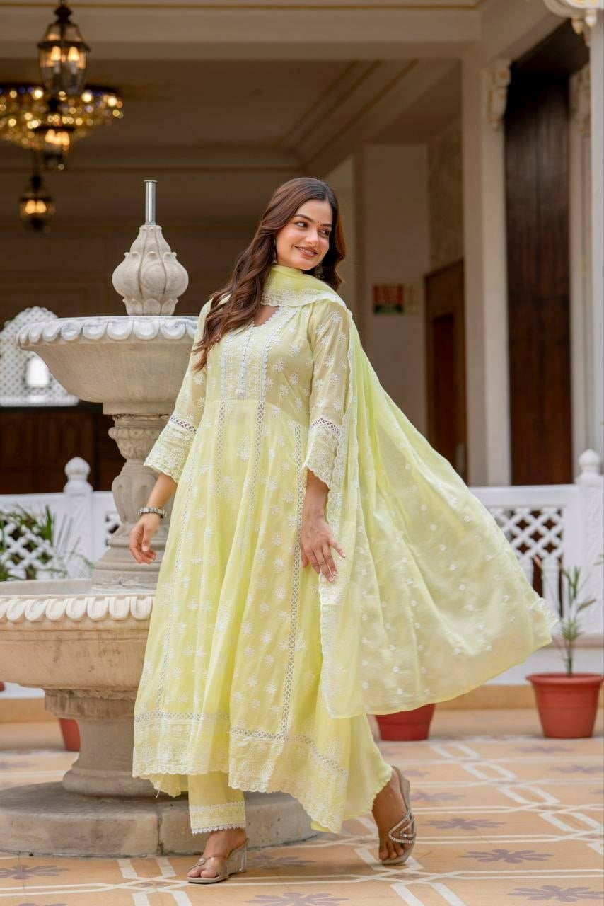 Pure Mal Cotton Anarkali Gown Set - Yellow