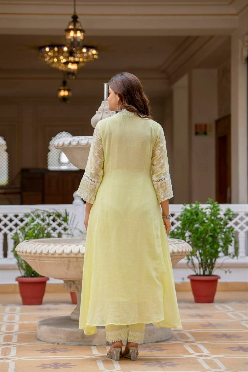 Pure Mal Cotton Anarkali Gown Set - Yellow - view 1