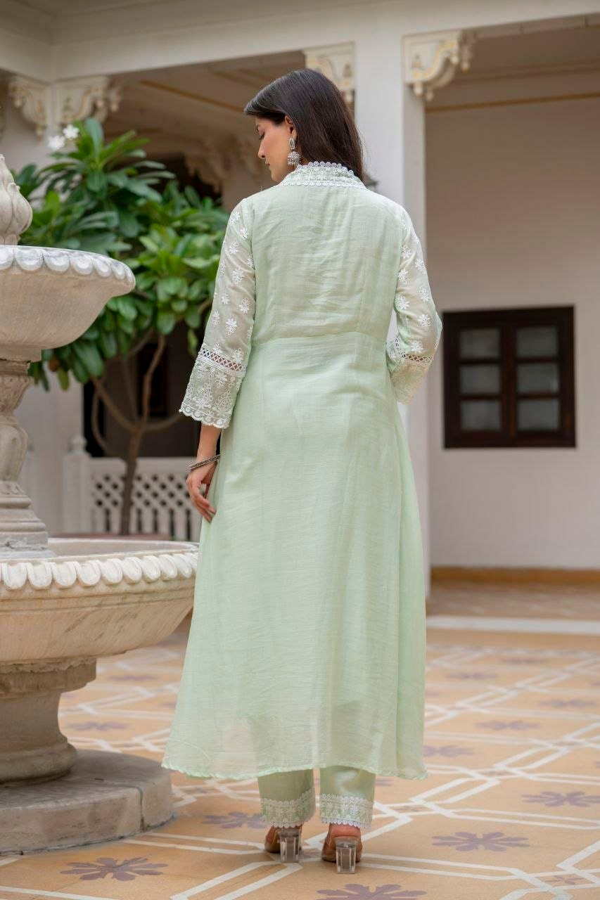 Pure Mal Cotton Anarkali Gown Set - Green - view 1