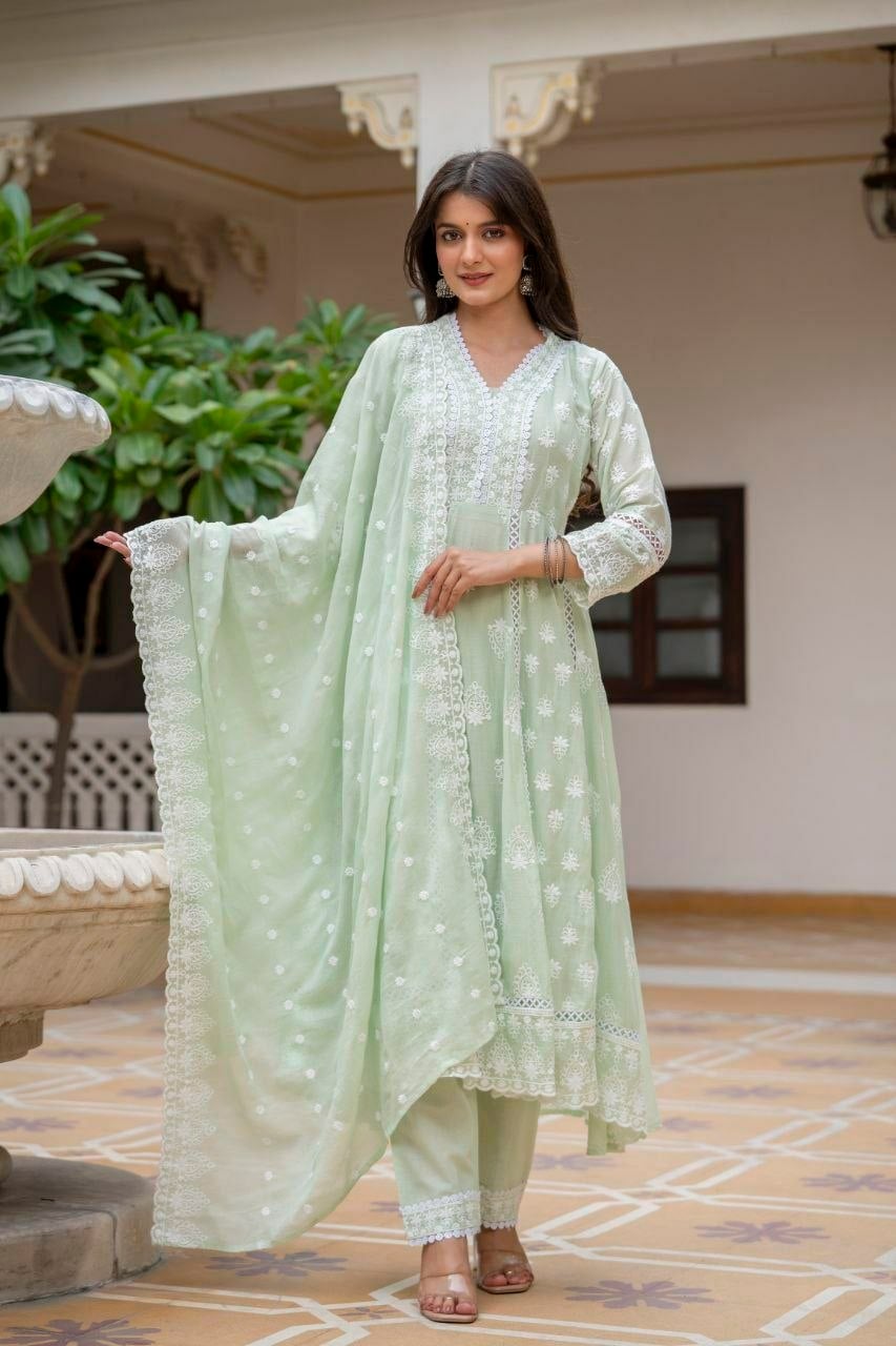 Pure Mal Cotton Anarkali Gown Set - Green