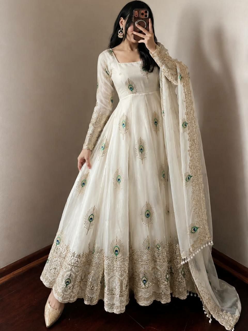 Pure Fendy Silk Anarkali Gown Set - White - view 2