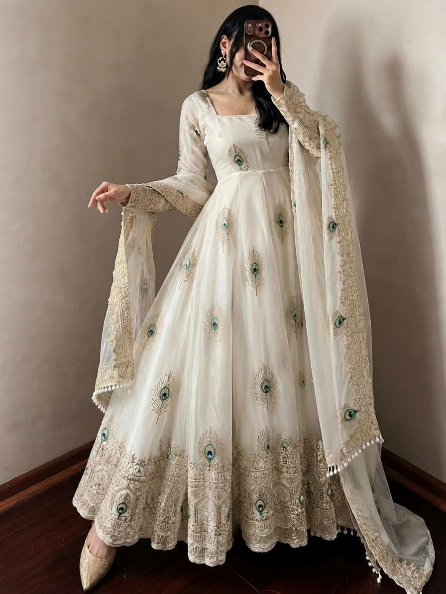 Pure Fendy Silk Anarkali Gown Set - White - view 1