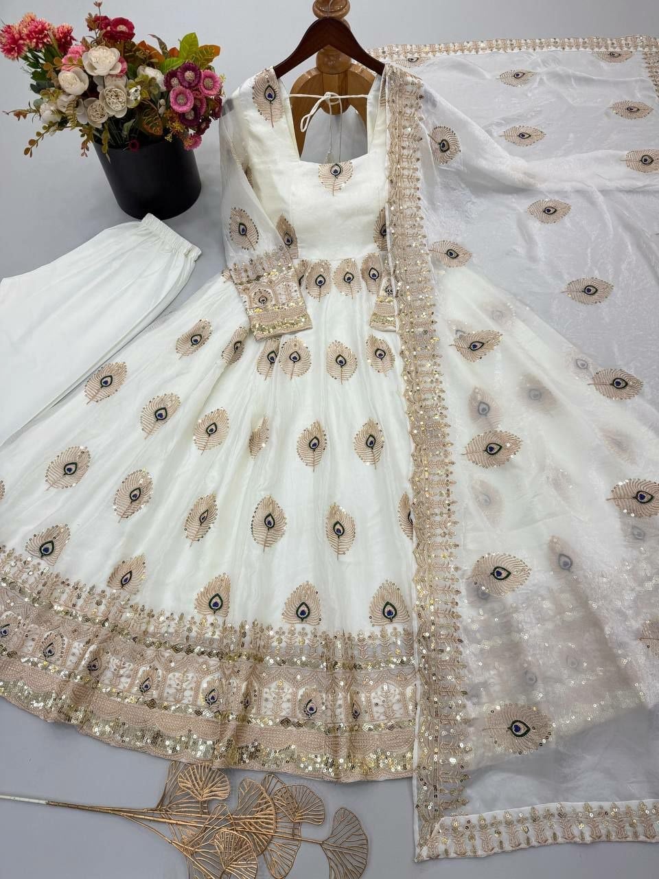 Pure Fendy Silk Anarkali Gown Set - White
