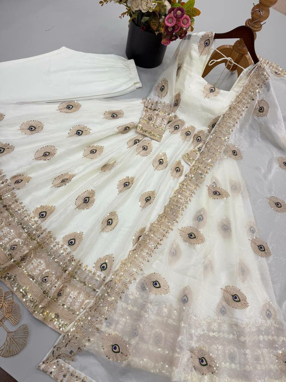 Pure Fendy Silk Anarkali Gown Set - White
