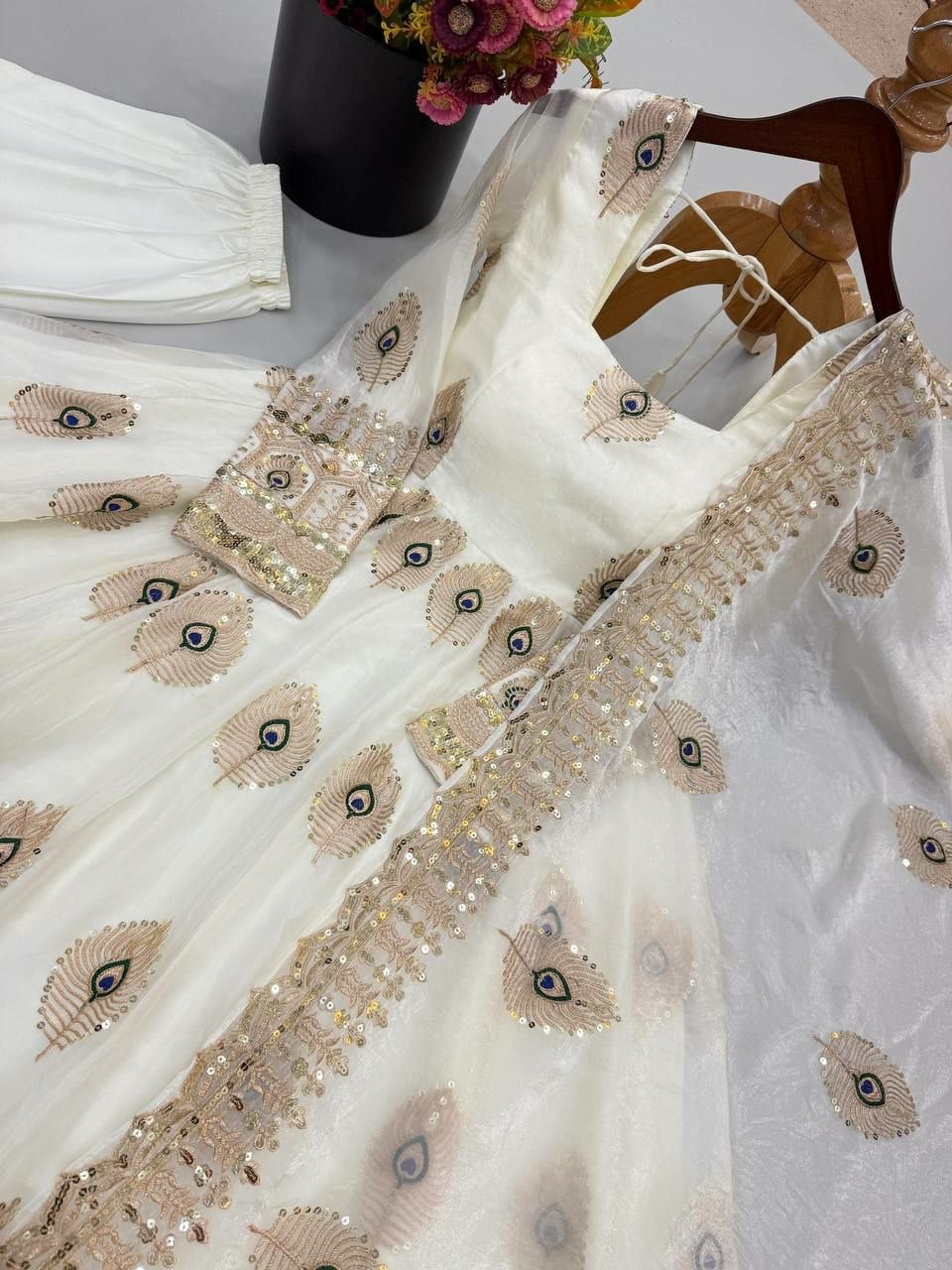 Pure Fendy Silk Anarkali Gown Set - White