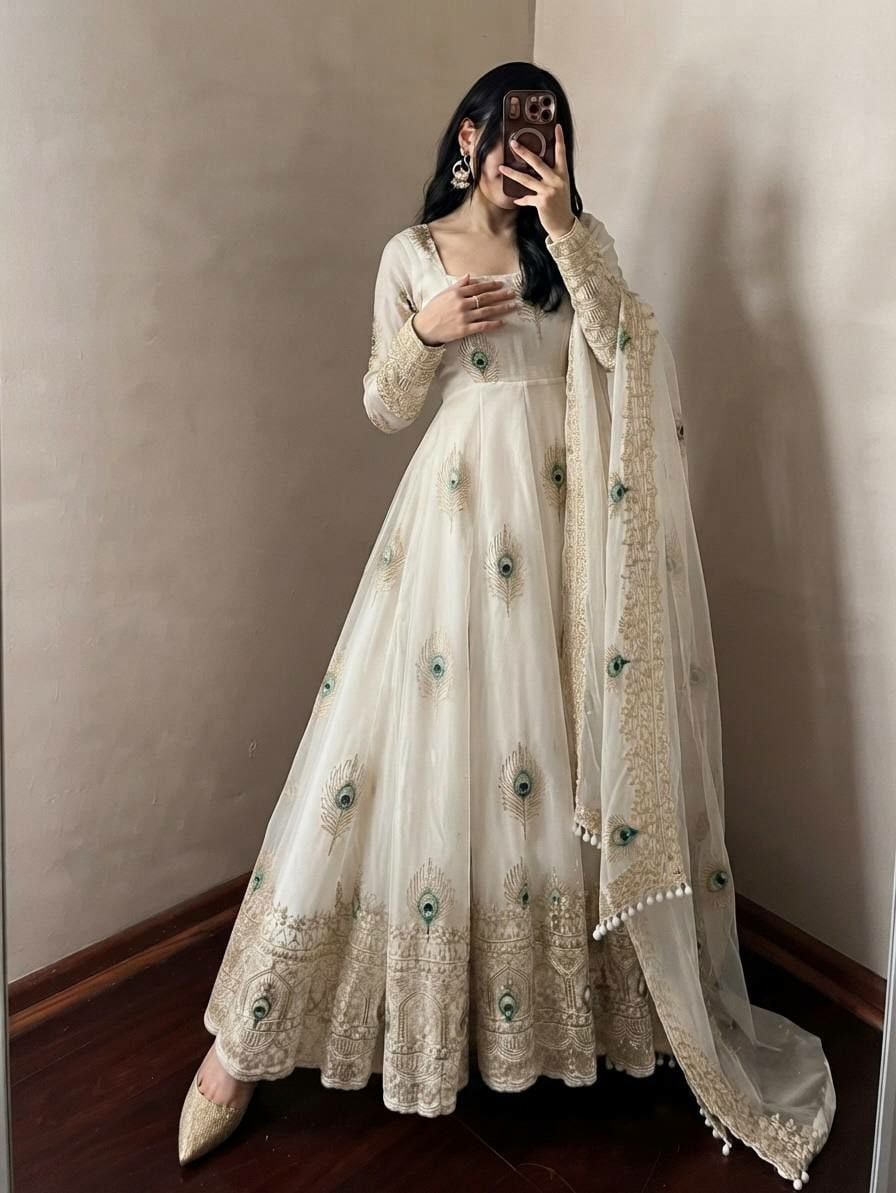 Pure Fendy Silk Anarkali Gown Set - White