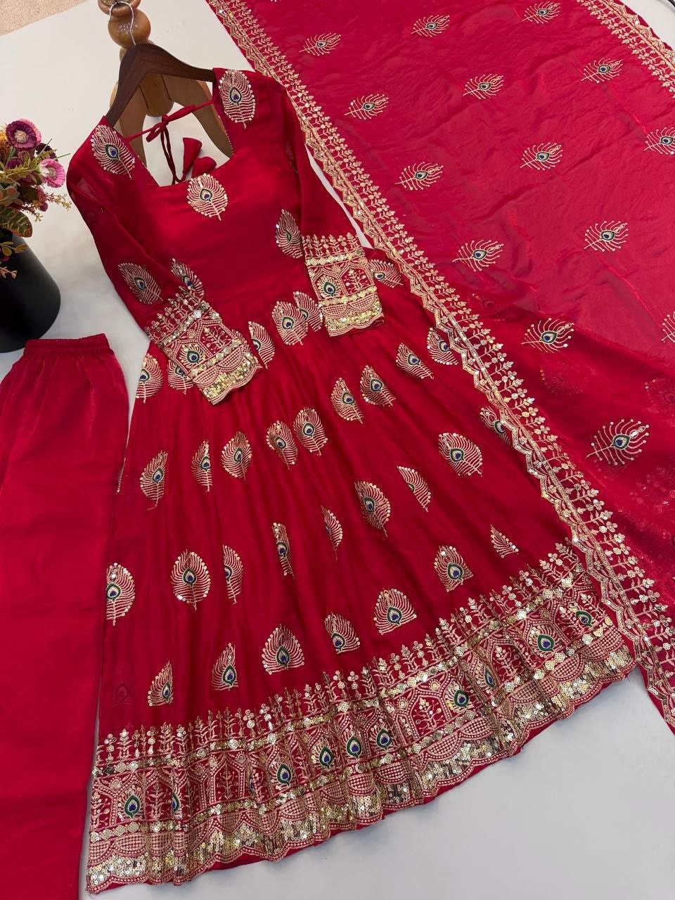 Pure Fendy Silk Anarkali Gown Set - Red - view 2