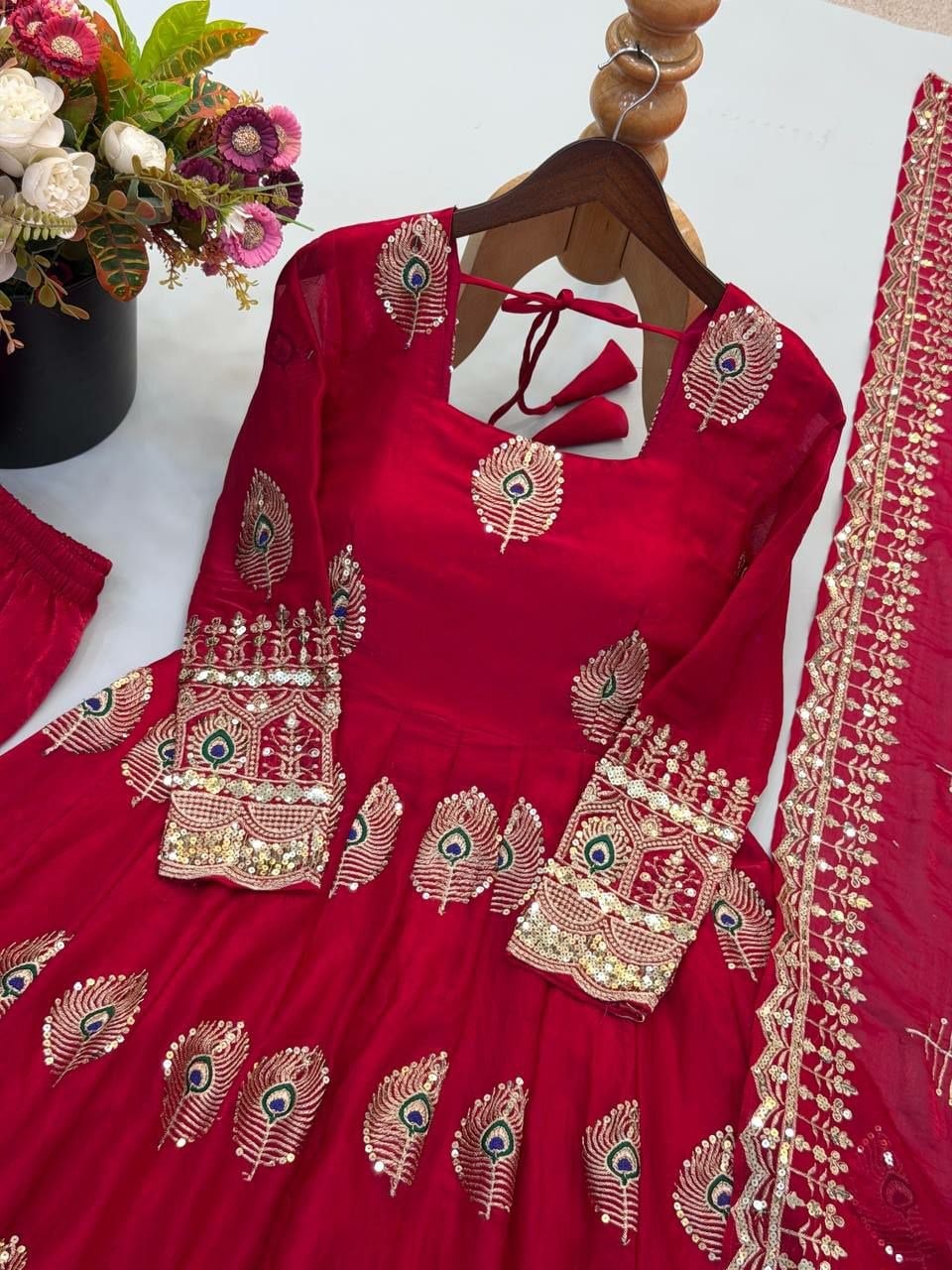 Pure Fendy Silk Anarkali Gown Set - Red