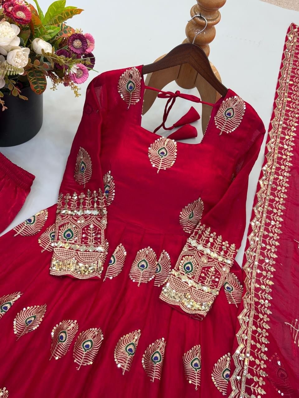 Pure Fendy Silk Anarkali Gown Set - Red - view 3