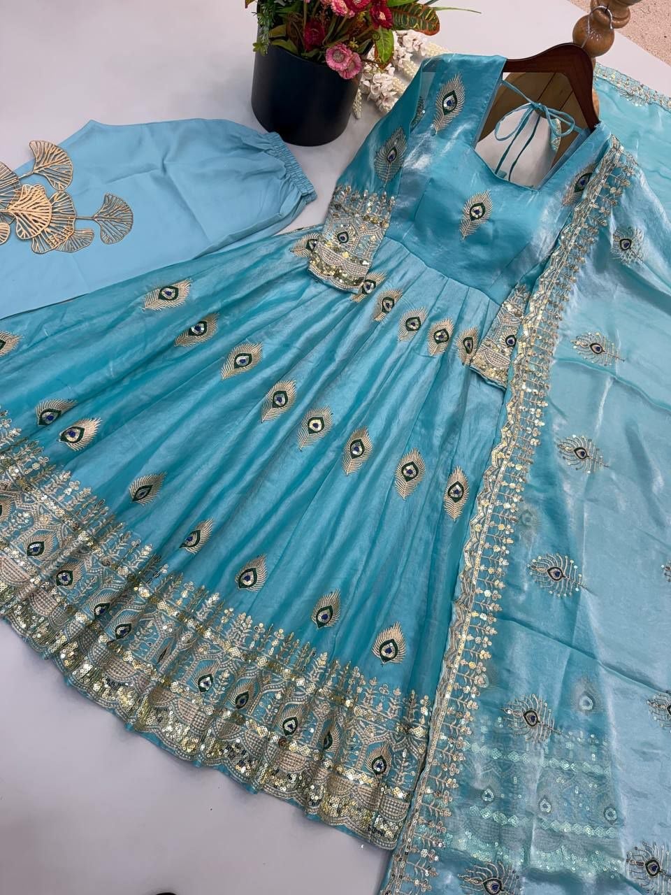 Pure Fendy Silk Anarkali Gown Set - Sky